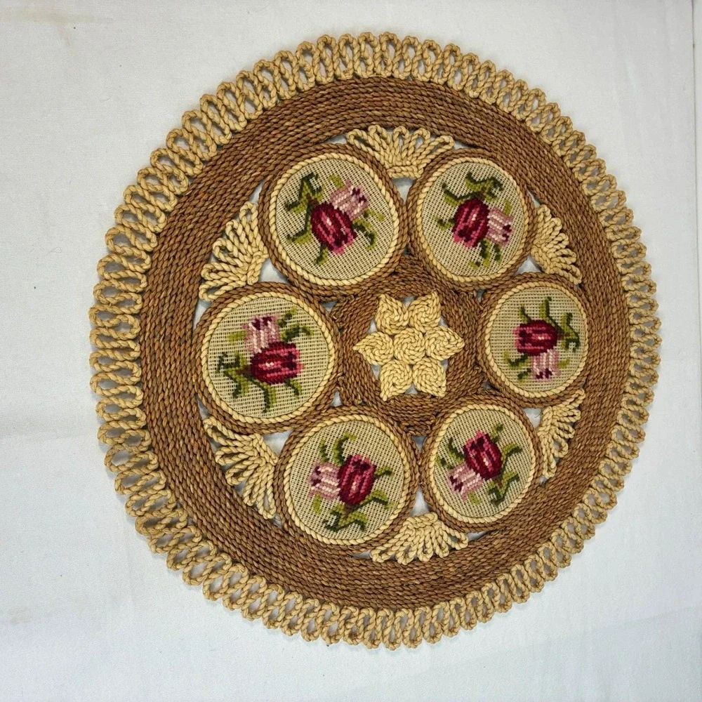 Vintage Rattan Needlepoint Center Placemat Roses Table Handmade Cottagecore Boho